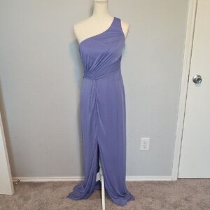 Liliana Blue One Shoulder Ruched Prom Gown
